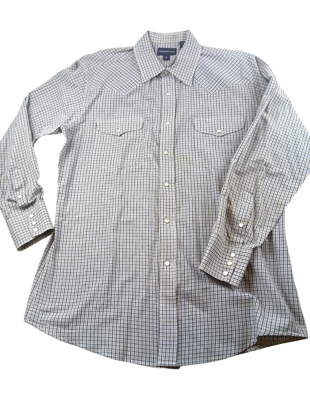 Panhandle Slim Western Shirt Mens brown blue Plaid Pearl Snap Long Sleeve 16 /35